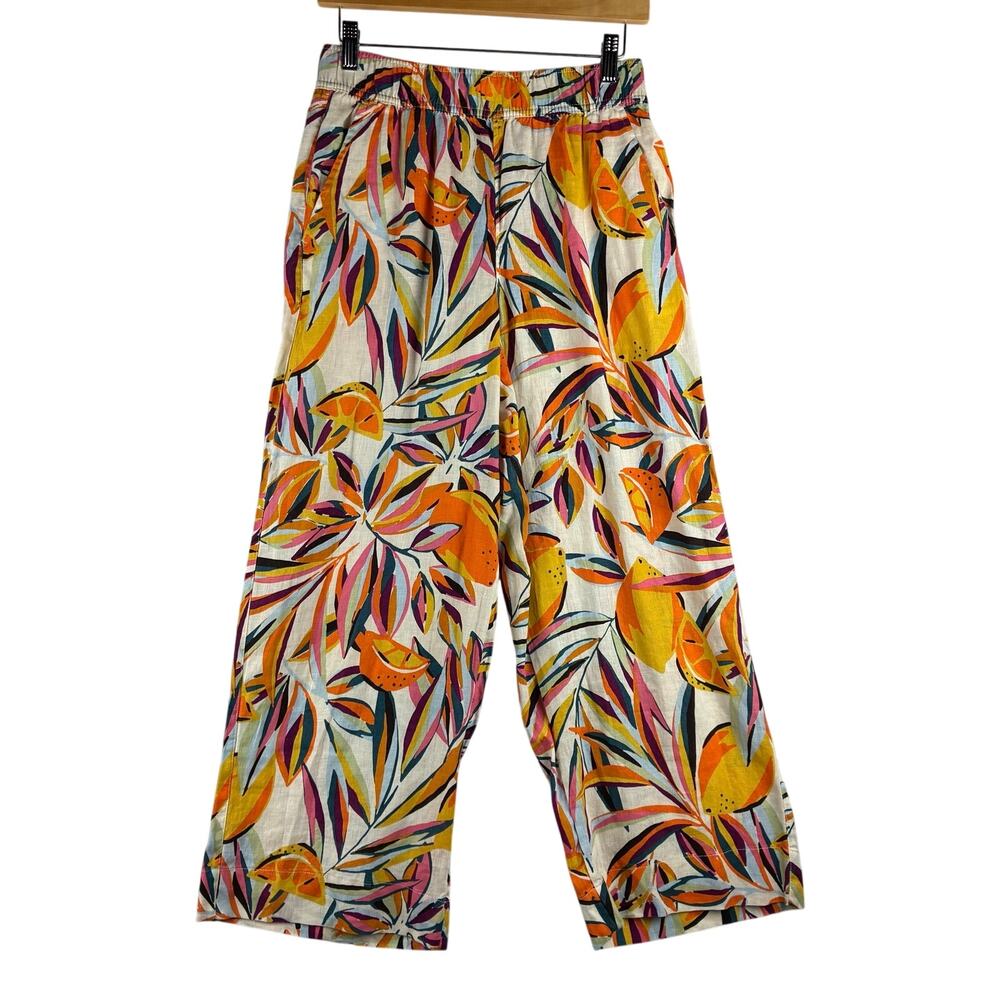 C&C California Wide Leg Crop Pants Women Small Tropical Fruit Citrus 100% Linen